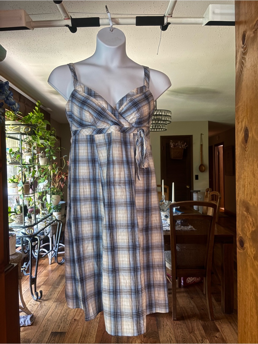 Y2K Vasna Women’s Blue & White Plaid Sleeveless Midi Dress w/ Bow Detail Size L
